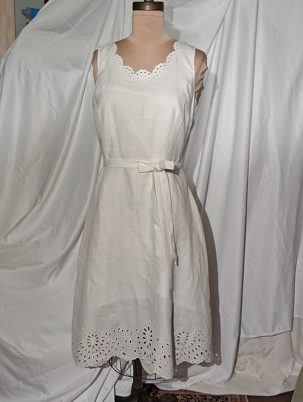 Talbots White Linen & Eyelet Sleeveless Tie-Waist Midi Dress